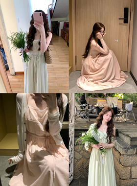 FFLU甜梨 法式温柔风显瘦两色定染蕾丝吊带仙女连衣裙舒适长裙女