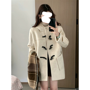 短款连帽牛角扣大衣女2025冬季新款韩系小个子学生加厚羊毛呢外套