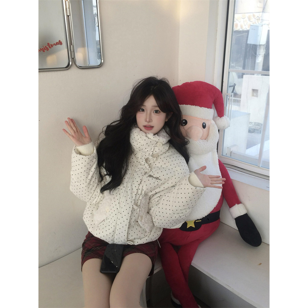 甜美波点立领羽绒棉服女冬季小个子宽松加厚短款面包服棉袄外套
