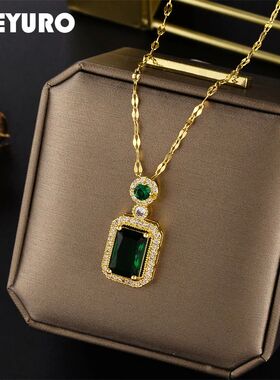 316L Stainless Steel Square Green Red Zircon Pendant Necklac