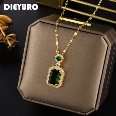 316L Stainless Steel Square Green Red Zircon Pendant Necklac