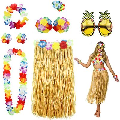 8 Pack Hula Skirt Costume Accessory Kit for Hawaii Luau Part