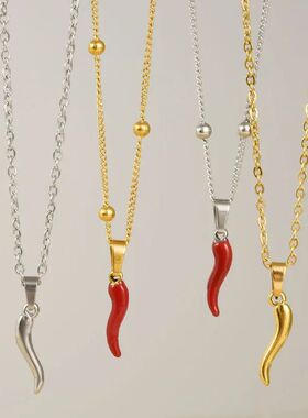 Stainless Steel Italian Cornicello Horn Chili Pendant Women