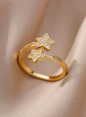 Zircon Double Star Rings For Women Gold Color Stainless Stee