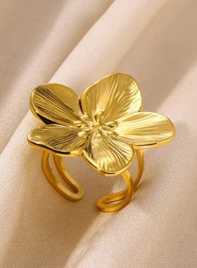 Elegant Stainless Steel Gold Color Big Bloom Flower Rings fo