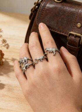 Silver Plated Retro Cute Dinosaur Ring Set Environmentally F