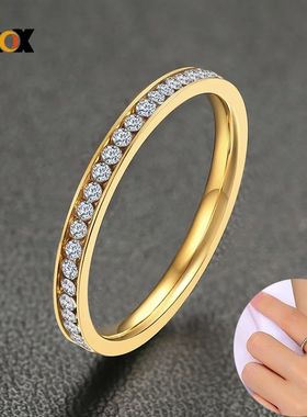 2mm Bling CZ Stones Ring for Women Lady Gold Color Stainless