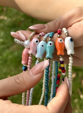 Cute Colorful Ceramic Fish Beaded Necklace For Women Unisex