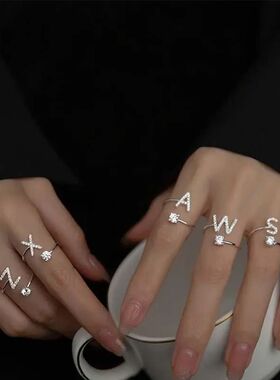 Zircon A-Z Letter Ring For Women Metal Adjustable Opening Ri