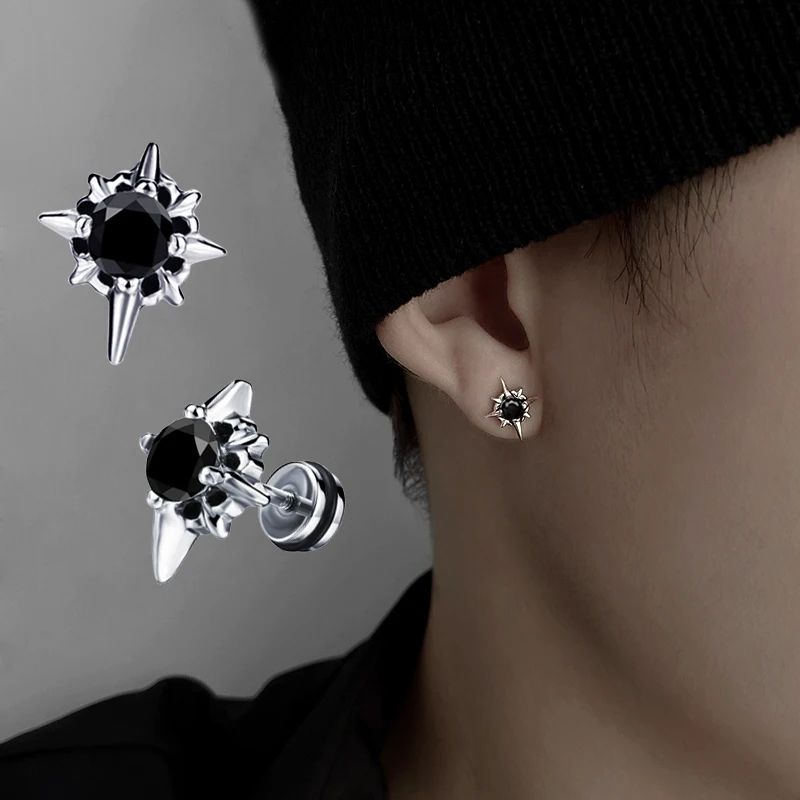 New Trend Black Zircon Star Stud Earrings for Men Women-封面