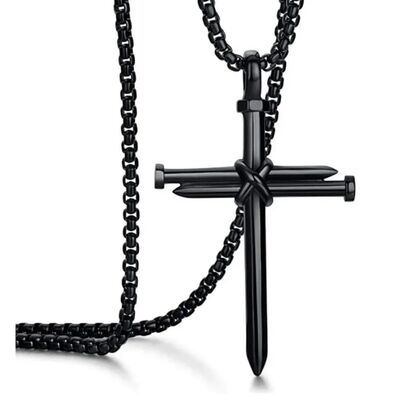Mens Jewellery Black Stainless Steel Necklace Cross Pendant-