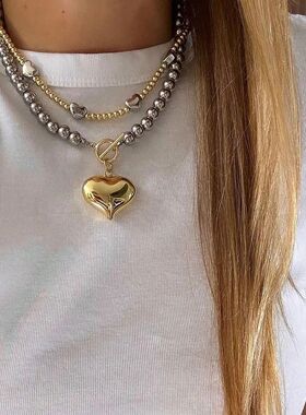 Y2k Stainless Steel Heart Pendant Bead OT Clasp Necklace For