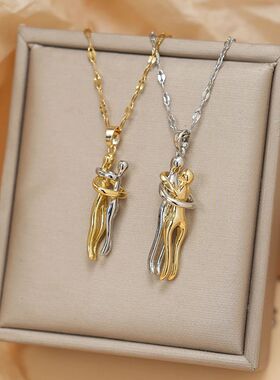 Stainless Steel Couple Hugging Pendant Necklace for Women Me