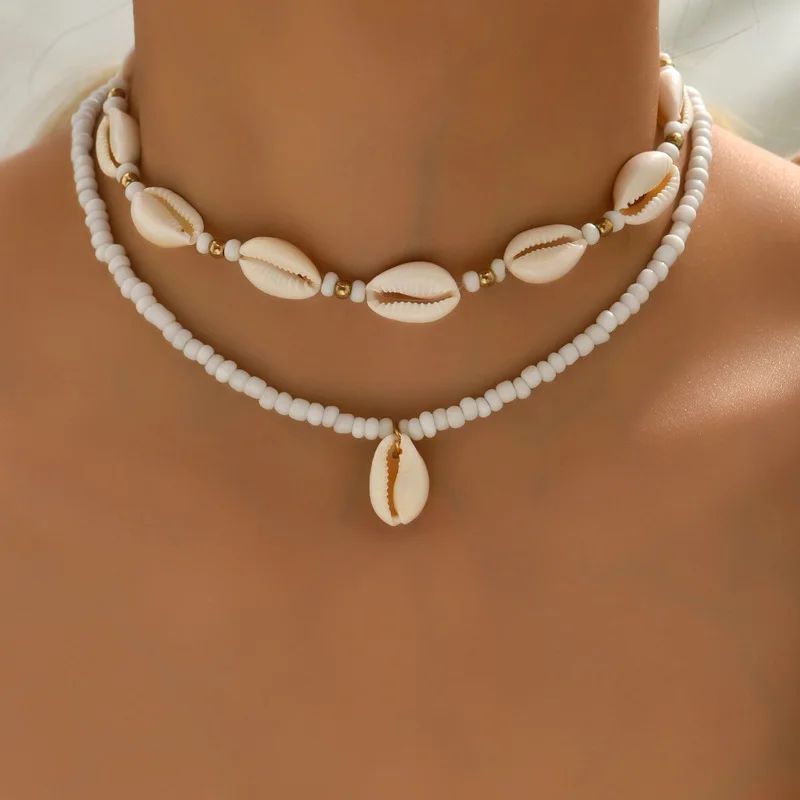 Boho Shell Rice Beads Choker Pendant Necklace for Women Jewe