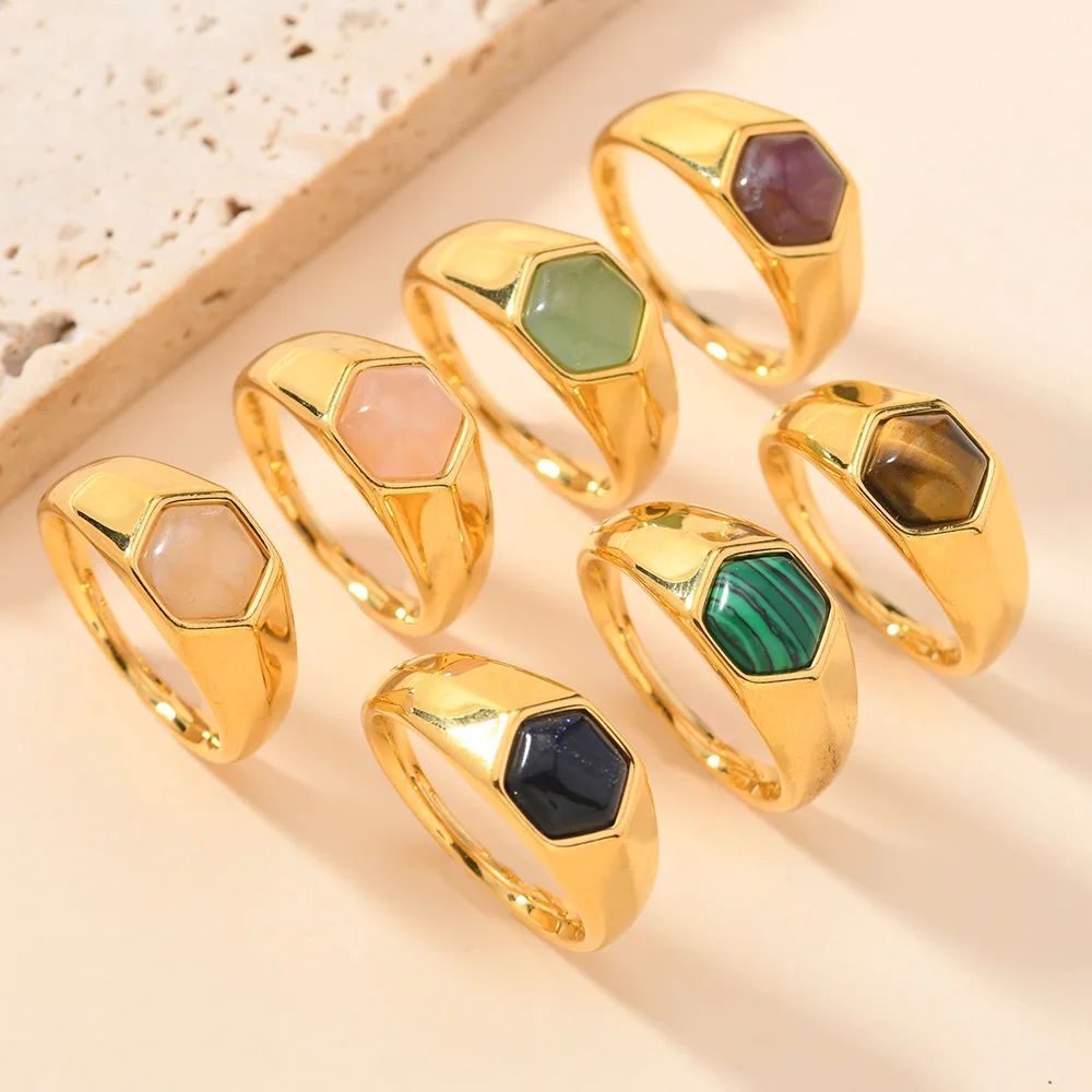Y2k Hexagon Stone Ring For Women Stainless Steel Metal Rings