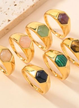 Y2k Hexagon Stone Ring For Women Stainless Steel Metal Rings