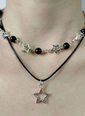 Fashion Double Layered Black Bead Star Choker Necklace Punk