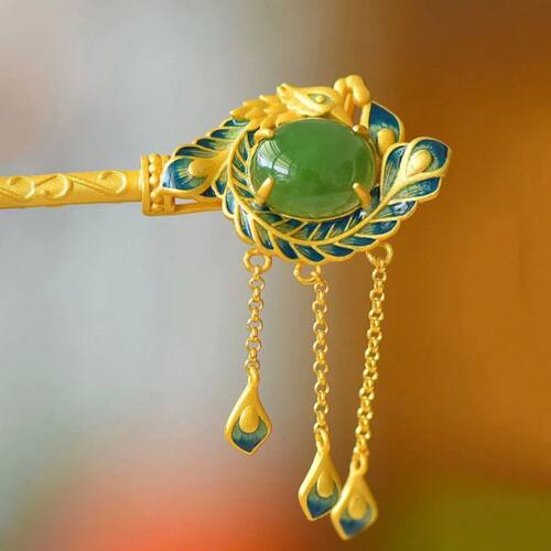 Retro enamel green peacock tassel tiara Ancient gold crafts