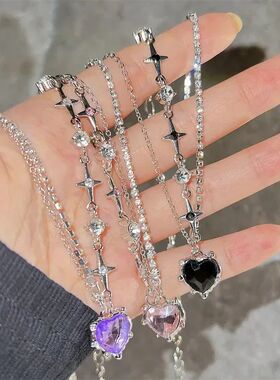 Y2K Purple Crystal Heart Pendant Necklace Women Sweet Cool G