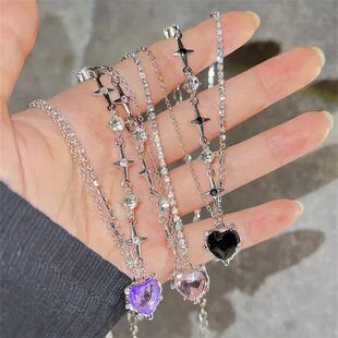 Y2K Necklace Cool Pendant Sweet Heart Crystal Purple Women