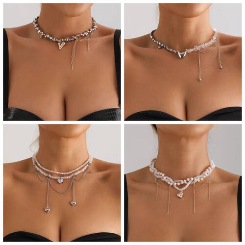 Boho Heart Beaded Necklace for Women Y2K Irregular Crystal C
