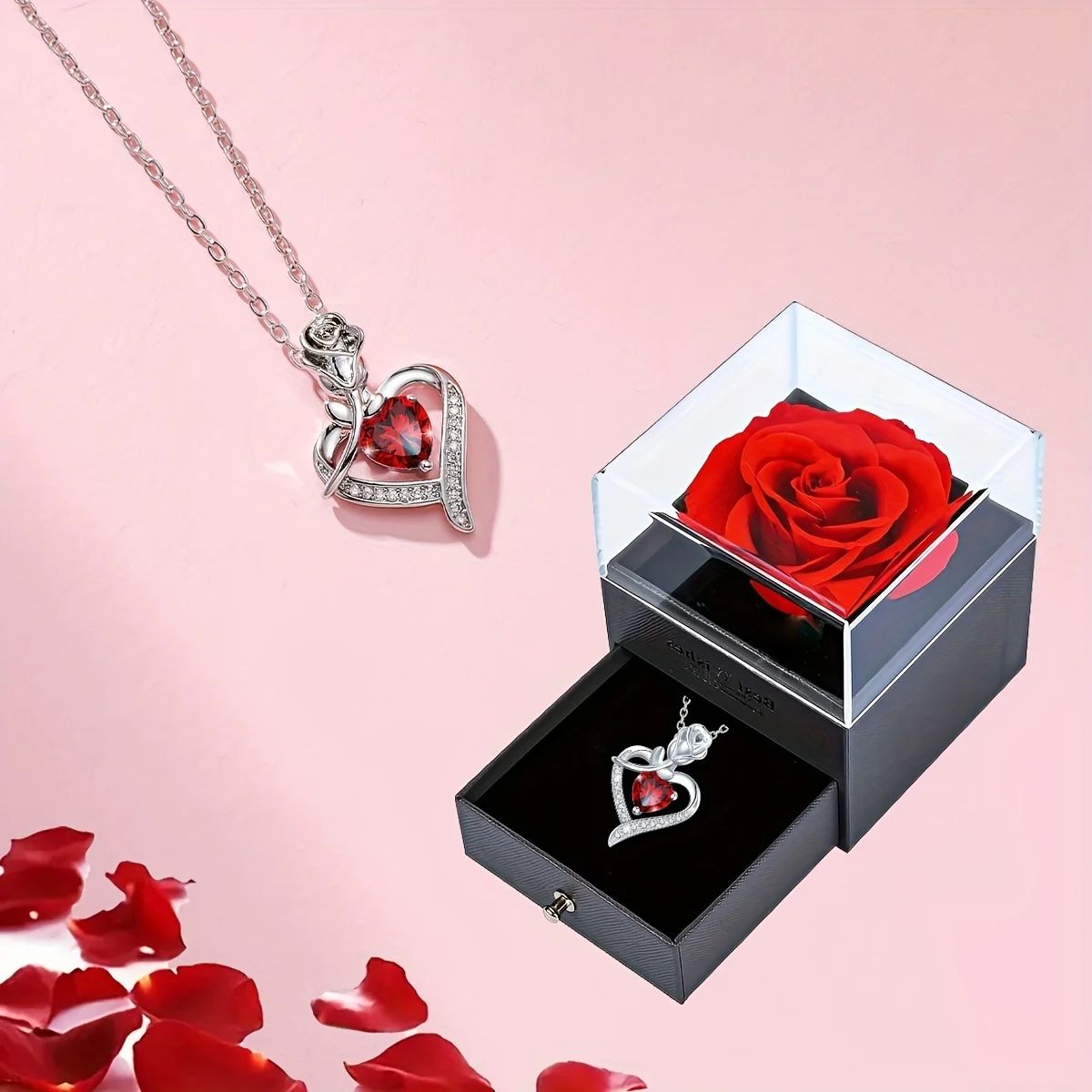 Luxury Red Zircon Heart Necklace With Rose Gift Box For Girl