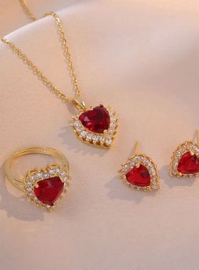Sweet Romantic Love Studded with Zircon Ruby Earrings Ring N