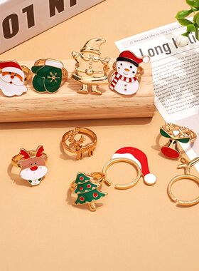 Fashion Christmas Tree Elk Snowman Rings Women Cute Cartoon