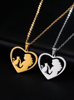 Girl and Cat Hollow Heart Necklace Stainless Steel Necklaces