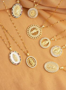 Oval round plaque inlaid with zircon religious pendant for w