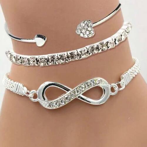 Vintage Set Silver Color Crystal Rhinestone Heart Bracelets
