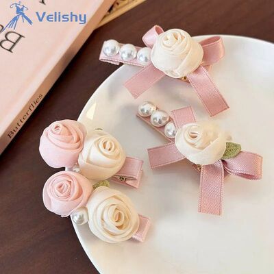 2Pcs Sweet Flower Bow Pearl Barrettes Vintage Hair Accessori