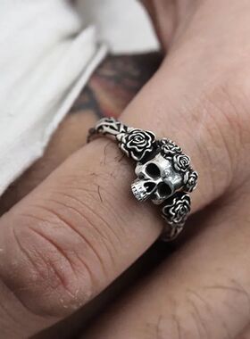 Simple Retro Fashion Gothic Punk Black Rose Skull Ring Stree
