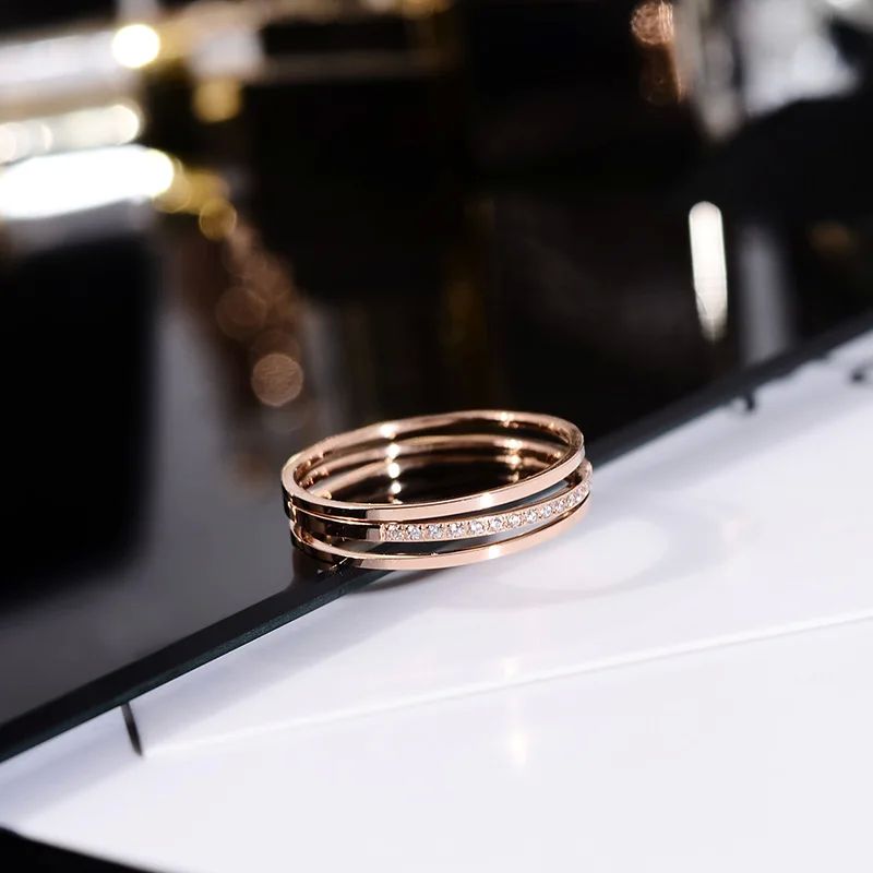 Chic 3 Layers Crystal Ring Rose Gold Color Fashion Titanium