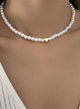 Elegant Pearl Choker Necklace Vintage Gold Heart Short Chain