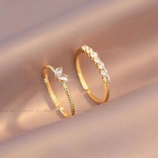 2pcs/set Gold Color Heart Zircon Rings Set for Women Girls A