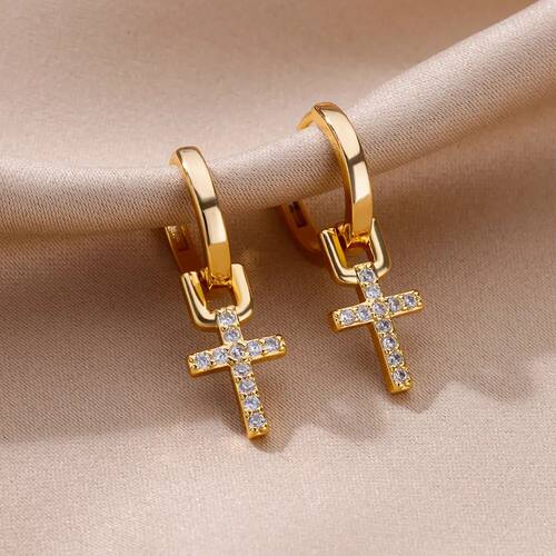 Zircon Cross Dangle Earrings For Women Girls Stainless