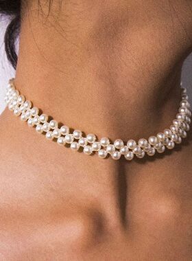 Boho Sweet Imitation Pearl Round Handwoven Collar Necklace f