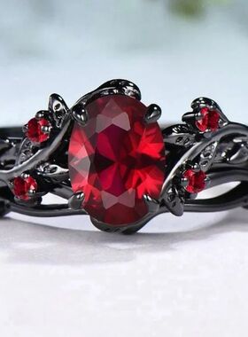 2Pcs/Set Fashion Black Gold Color Red Rhinestone Zircon Ring