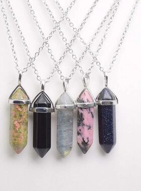 Natural Stone Crystal Hexagonal Point Pendants Necklaces Ame