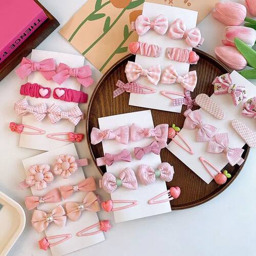 8PC New Cute Pink Color Basic Snap Clips Baby Plaid Bowknot