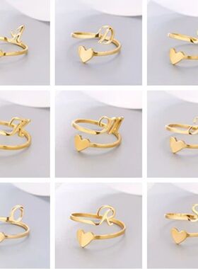 Fashion Gold Color 26 Letter Heart Open Ring for Women Coupl