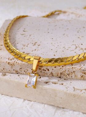 Square Zircon Pendant Necklaces Stainless Steel Necklace for