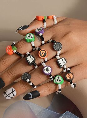 New Halloween Ring Sets Beaded Skull Web Spider Ghost Pumpki