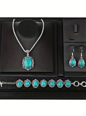 3pcs Women's Vintage Turquoise Bracelet Necklace Earrings Se