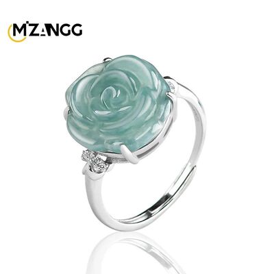 Silver Set Myanmar Jadeite Blue Water Rose Ring Ice Jade Adj