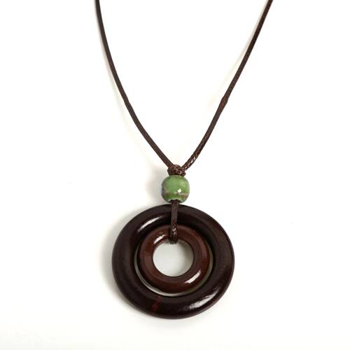Handmade Wooden Circle Ceramic Pendant Necklace Adjustable C
