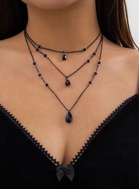 Layered Black Chain with Droplet Pendants Necklace for Women