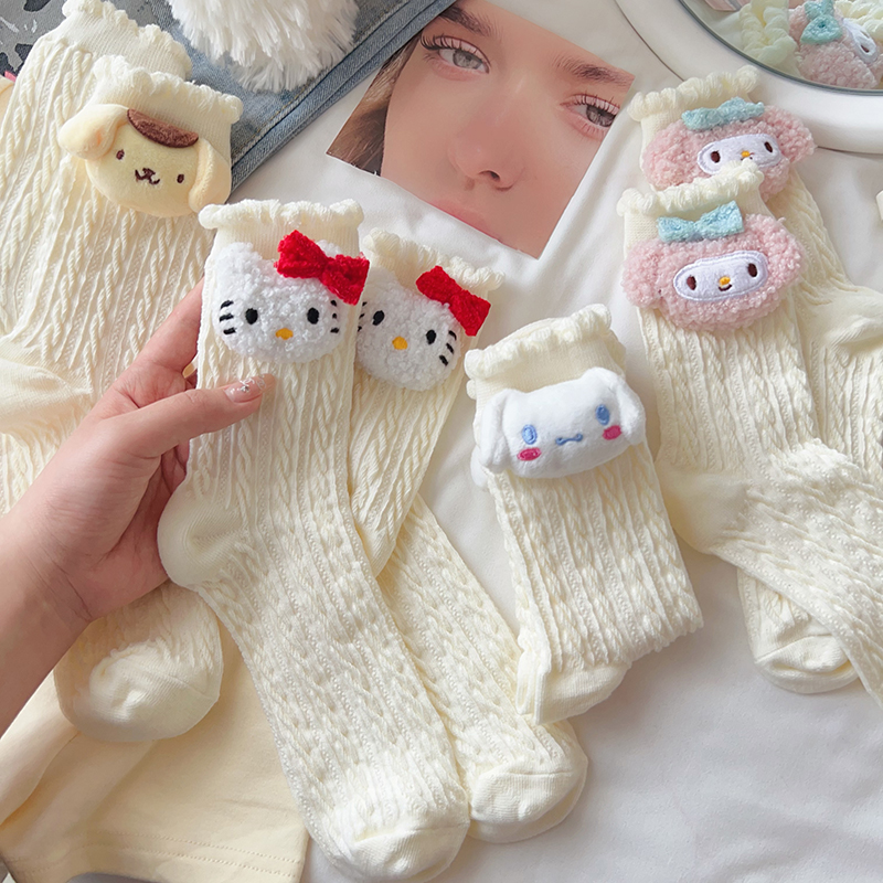 可爱卡通麻花袜子女夏季薄款中筒袜立体公仔日系纯棉白色夏天花边