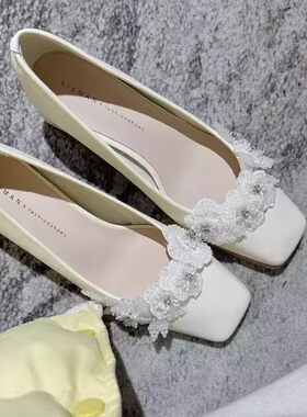 5882-203B时尚性感婚纱搭子白色珍珠浅口性感粗跟方头女式单鞋女